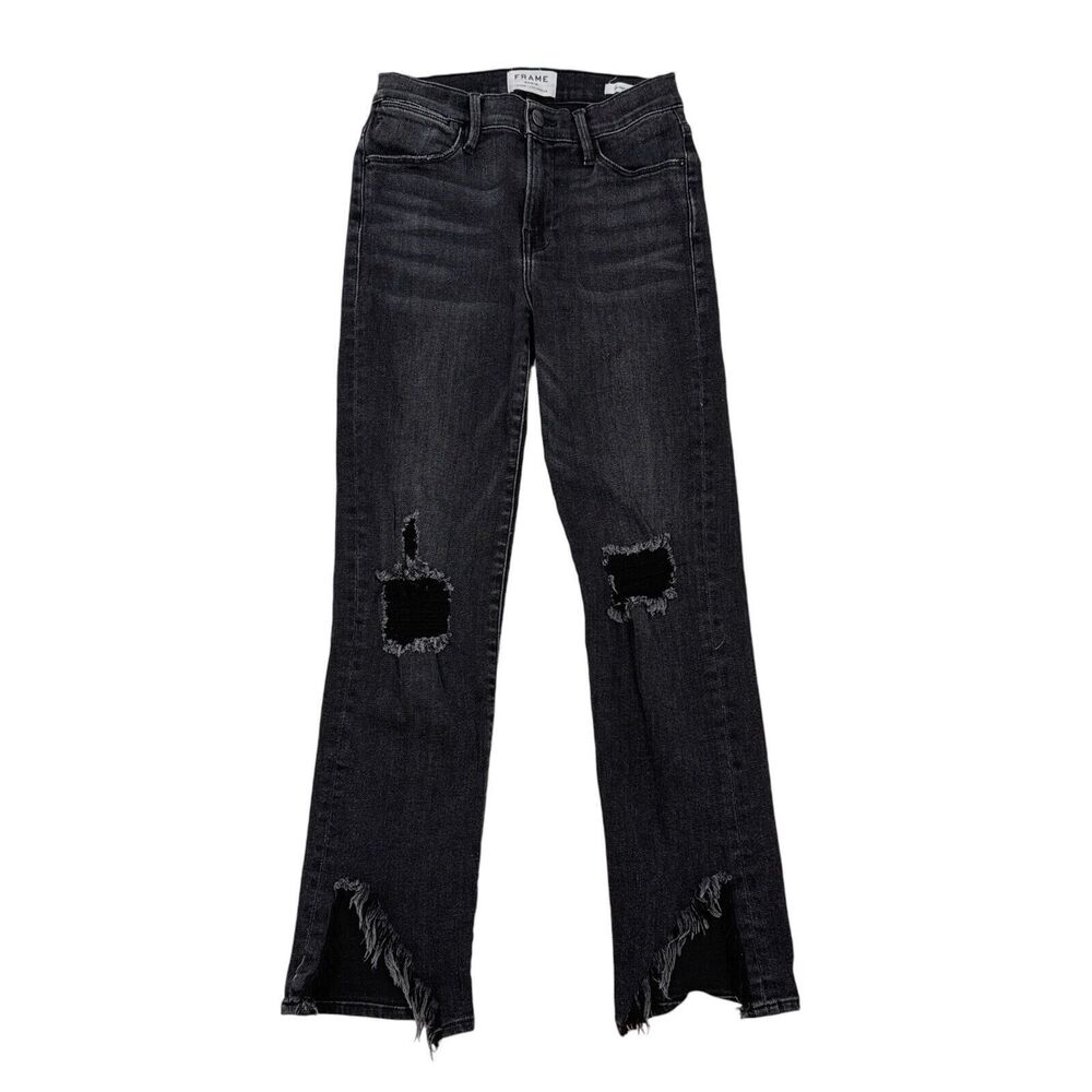 FRAME Denim Jeans Women's Size 26 Black Le High Straight Distressed Raw Hem